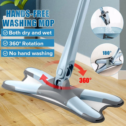 X Flat Floor Mop  with Replace Cloth Heads 360 Degree Squeeze Mop Hand-free